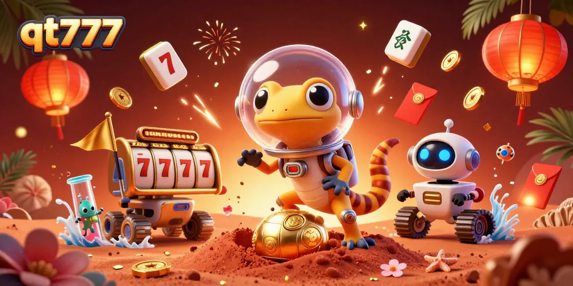 Experience the excitement of qt777 with an engaging illustration of Martian characters discovering a golden casino.