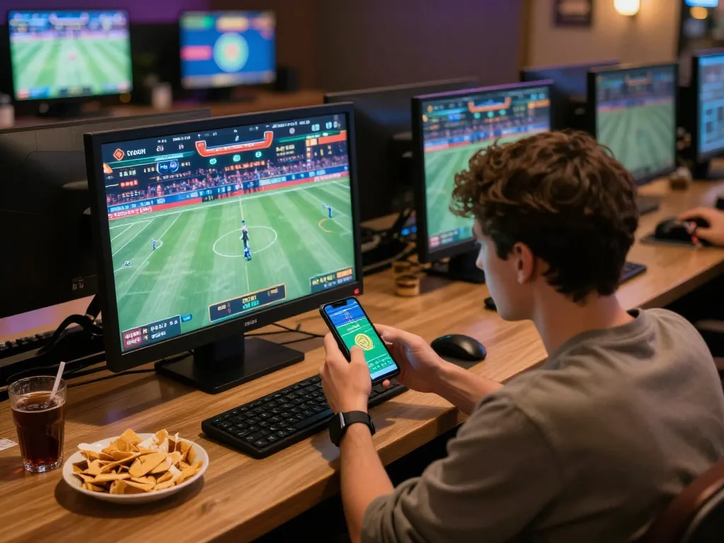 Engaging sports betting scene with user interacting on smartphone for open 88 live betting excitement.