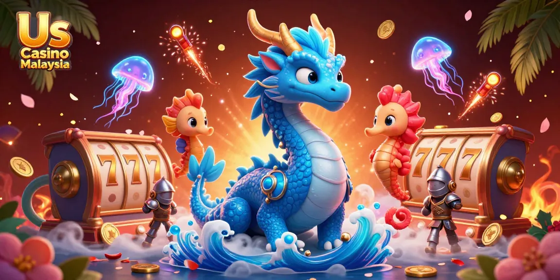 Engage with thrilling slots at Us Casino Malaysia featuring a vibrant 3D illustration of a dragon, seahorse knight, and jellyfish.