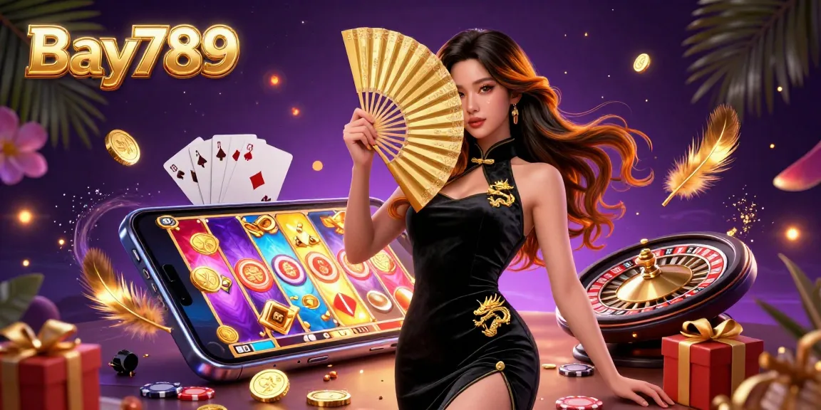 Experience high-stakes excitement at Bay789 with a captivating digital illustration showcasing thrilling casino elements like slot games and golden coins.