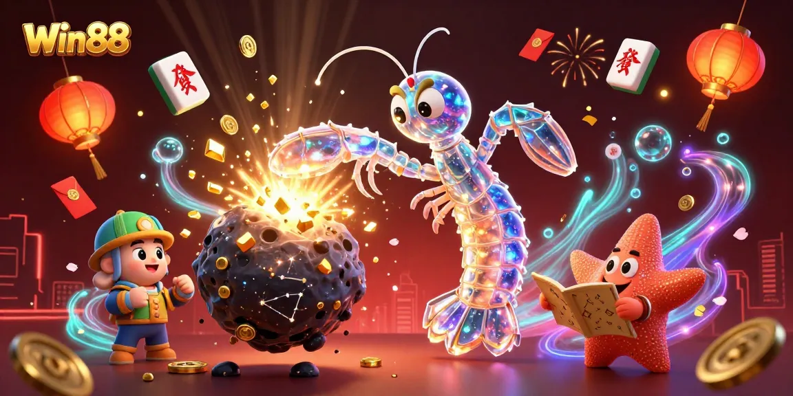 Experience Win88's thrilling casino adventure with a galactic mantis shrimp and treasure!