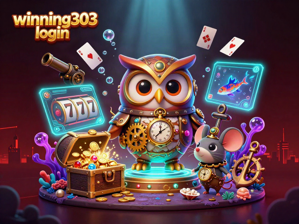 Play slots and win big with winning303 login in this vibrant 3D illustration featuring gambling elements.