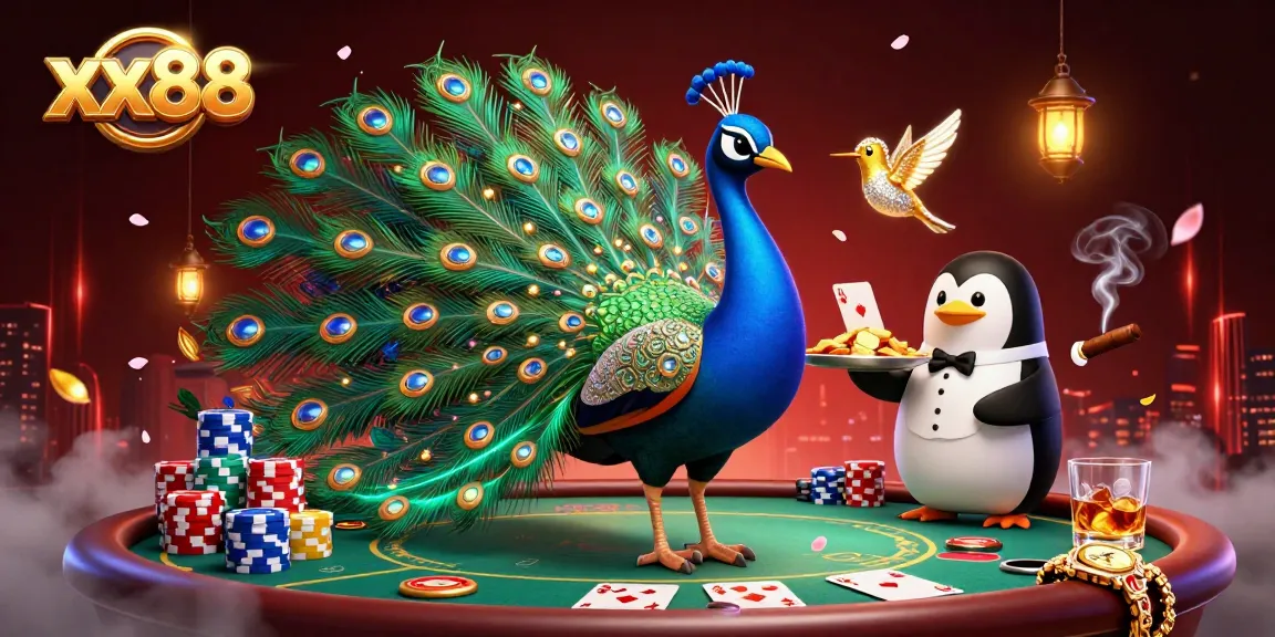 Engage with xx88 in this vibrant casino scene featuring a peacock, penguin, and hummingbird with poker elements.
