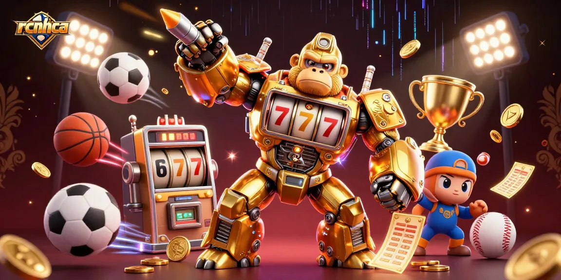 rcnhca showcases a golden gorilla mech surrounded by dynamic sports elements, celebrating online gambling excitement.