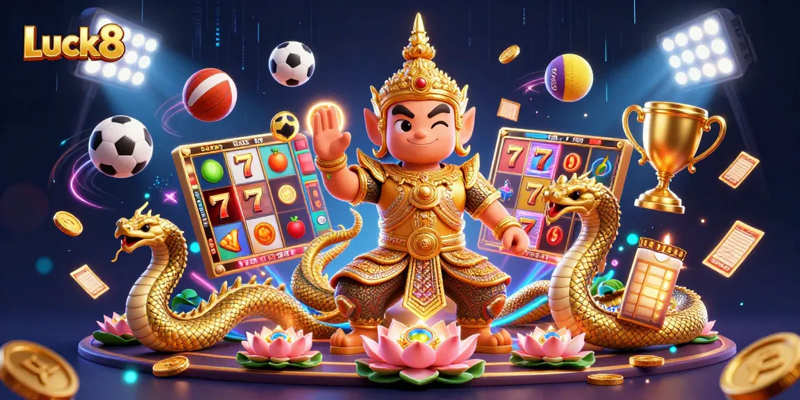 Engage in thrilling gaming action at Luck8 with vibrant characters and casino elements.