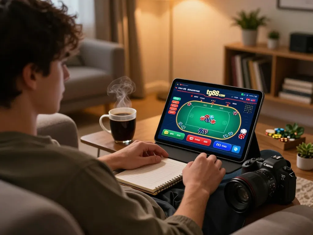 Engaged player enjoying poker on tg88 com tablet at home, surrounded by gaming notes and coffee.