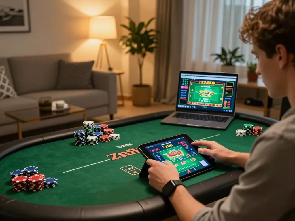 Player engaging with the zx88 app on a tablet, enjoying a dynamic online gaming experience in a cozy setting.