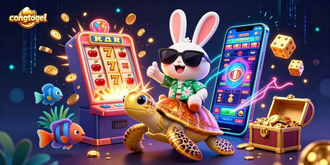 Play at congtogel with a lucky rabbit and golden turtle in a vibrant casino setting, showcasing big wins and fun.