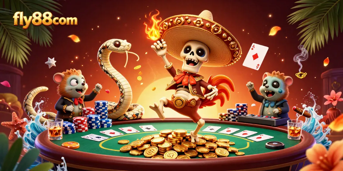 Celebrate wins at fly88com with a vibrant casino scene featuring dynamic characters and poker elements.