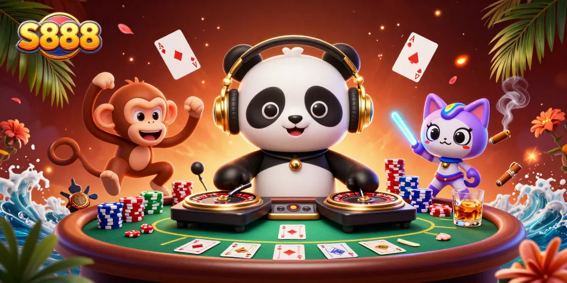 S888 brings excitement with a panda DJ spinning roulette while surrounded by poker chips and vibrant party elements