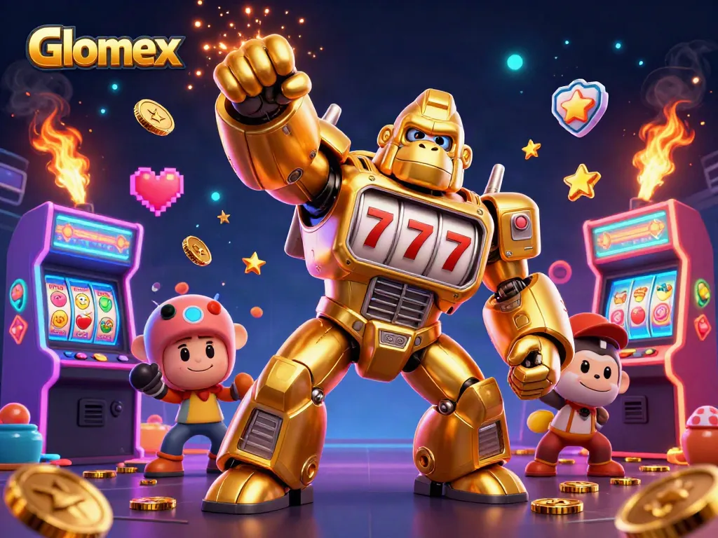 Engage in thrilling experiences with Glomex's vibrant gaming scene featuring golden gorilla mech.