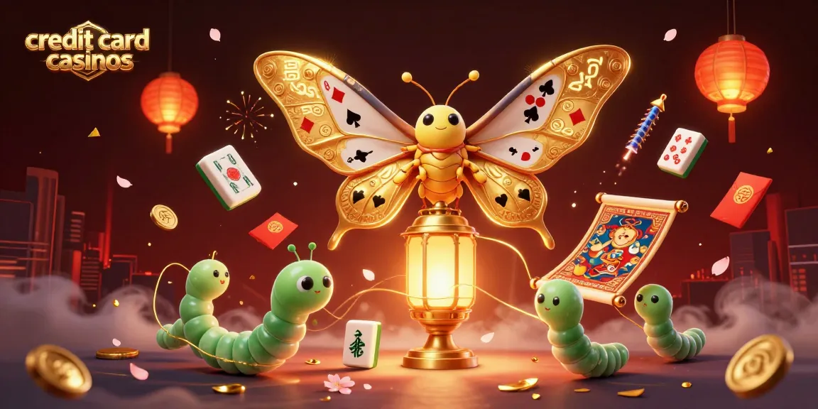 Engage with credit card casinos through a vibrant 3D scene featuring a golden moth and lively casino elements.