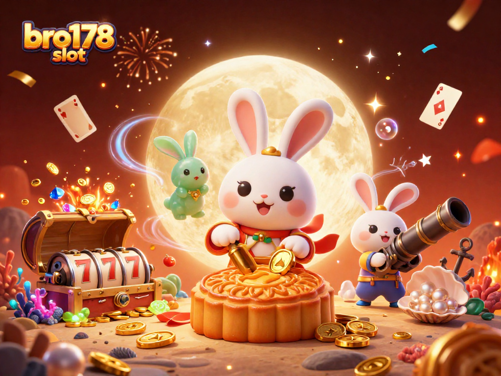 Menangkan slot bro178 dengan ilustrasi 3D kartun menarik, menunjukkan kelinci bulan dan elemen judi.