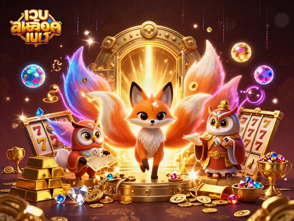 Engaging web-based slots game featuring เว็บสล็อตแท้ with celebratory treasures and magical characters in a 3D illustration.