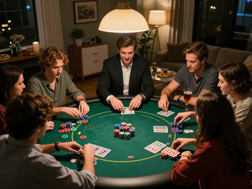 Players enjoying poker night at home with vibrant 388bet chips and cards visible, creating a dynamic gaming atmosphere.