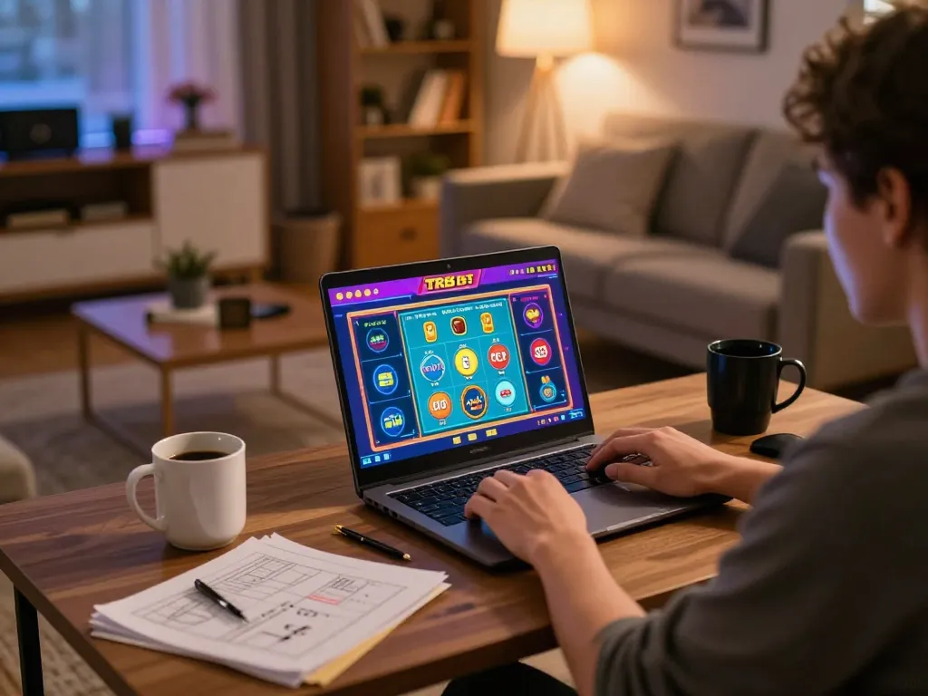 Engaging in TR88 bet gameplay on a laptop in a cozy home setting with warm lighting and gaming notes