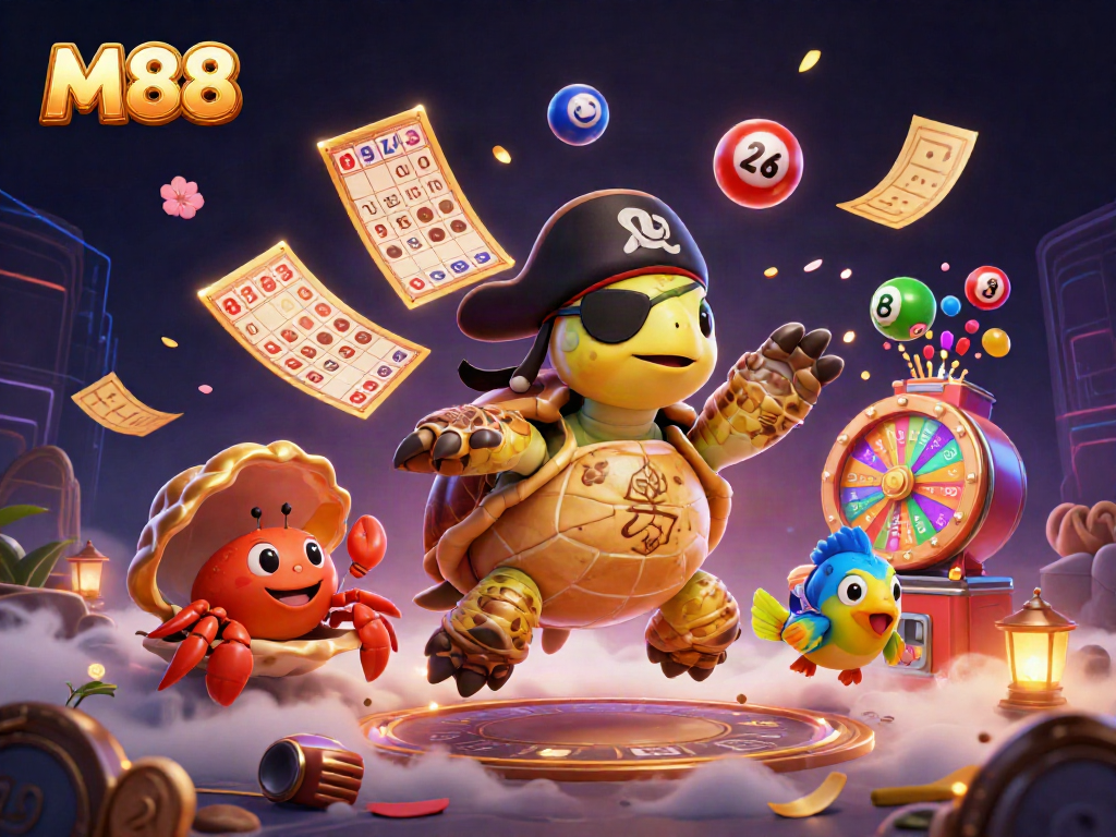 M88 themed illustration featuring a pirate turtle, hermit crab, and parrotfish amidst dynamic lottery game elements.
