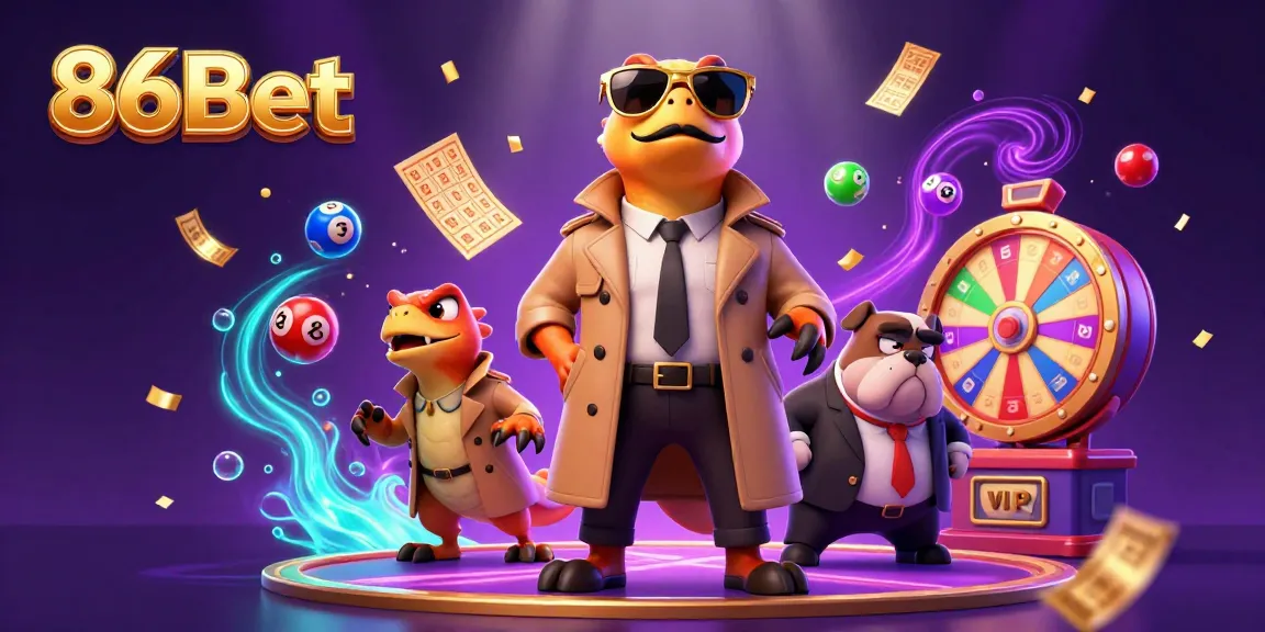 Engage with 86Bet through a vibrant VIP casino illustration showcasing raptors in a trench coat.