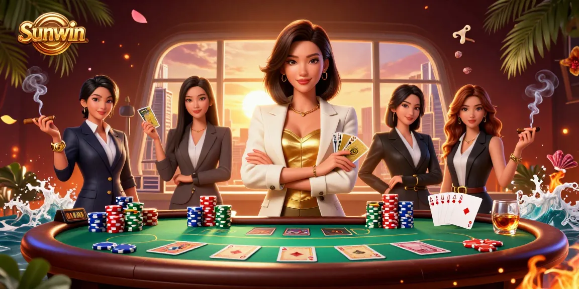 Experience the thrill of winning at Sunwin with a glamorous Asian businesswoman surrounded by poker elements.