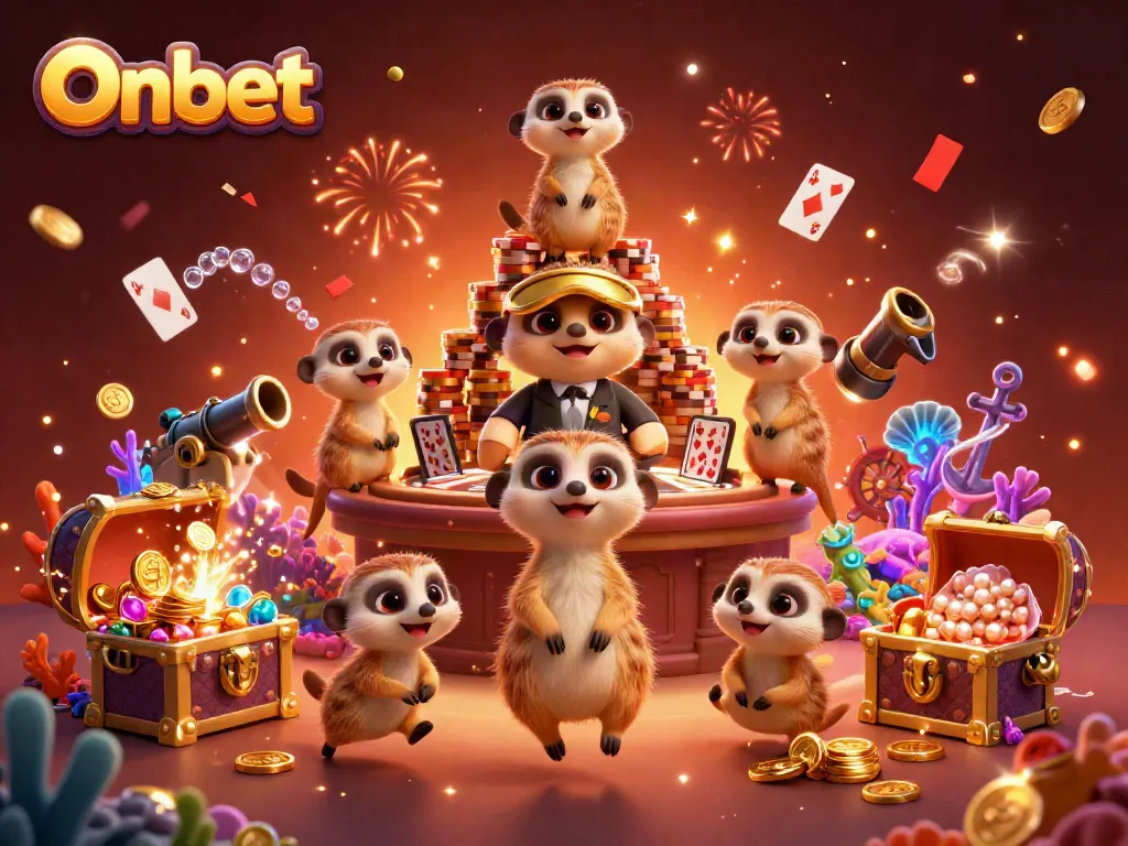 Onbet meerkats run a vibrant casino with gold coins and colorful gems, showcasing fun and excitement.