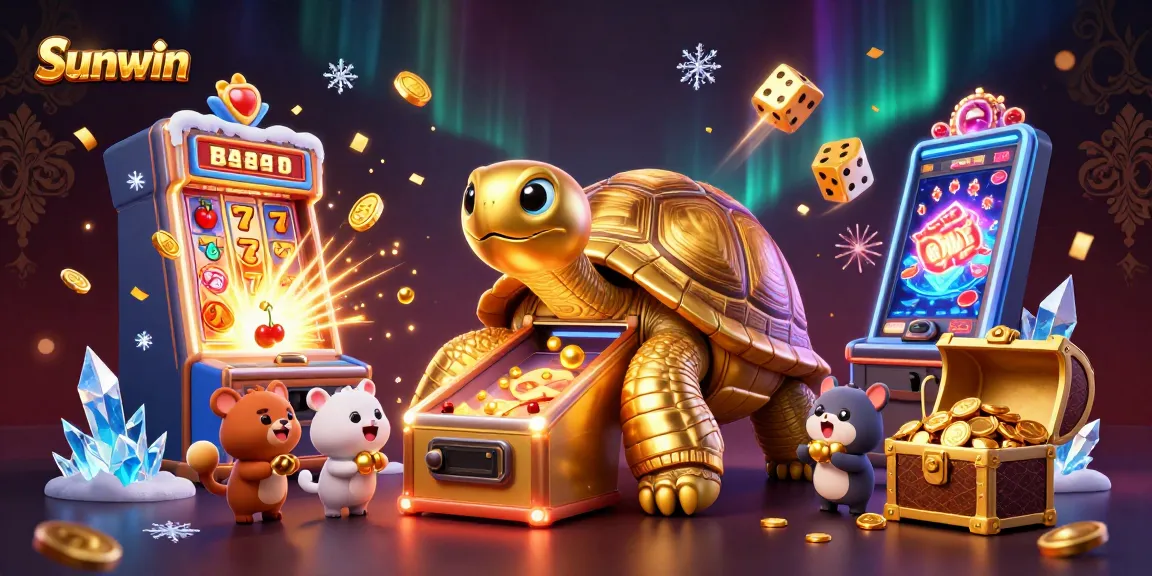 Spin to win on Sunwin with a lively gold tortoise and jackpot slots bursting coins.