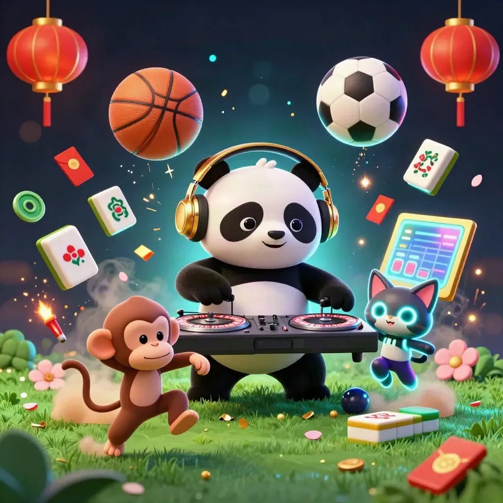 Panda DJ, dancing monkey, and glow-stick kitten amid flying balls, jade coins, and casino lights.