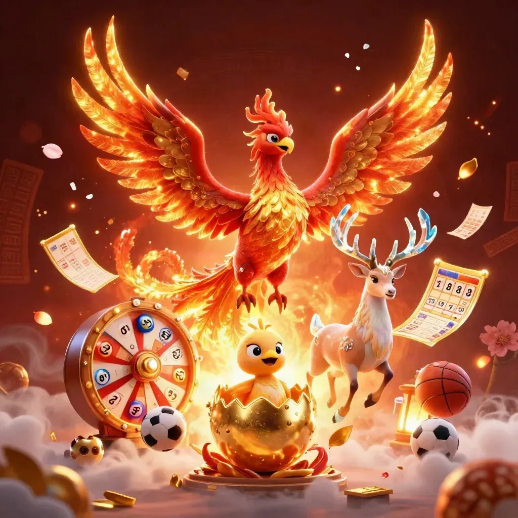 Phoenix, baby phoenix, and crystalline stag amid casino tokens and glowing embers.