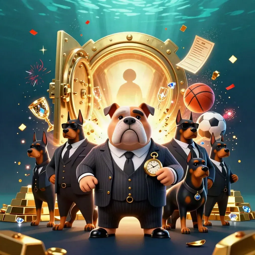 Bulldog mob boss and Dobermans amid open vault, gold, gems, balls, and casino light.