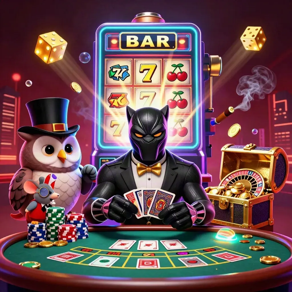 Panther, owl, and mouse in a luxe casino scene with slot burst, dice, gold, and glowing lights.