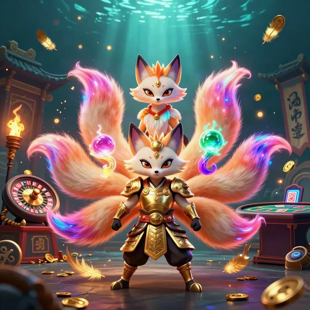 Nine-tailed fox spirit and samurai mouse in a neon casino fantasy with gold coins and temple gate
