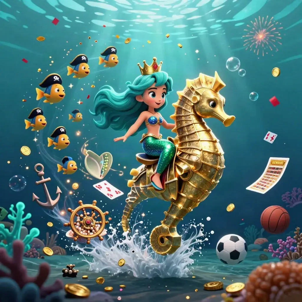 Mermaid princess on armored seahorse amid treasure cove, fish, cards, and glowing sports props