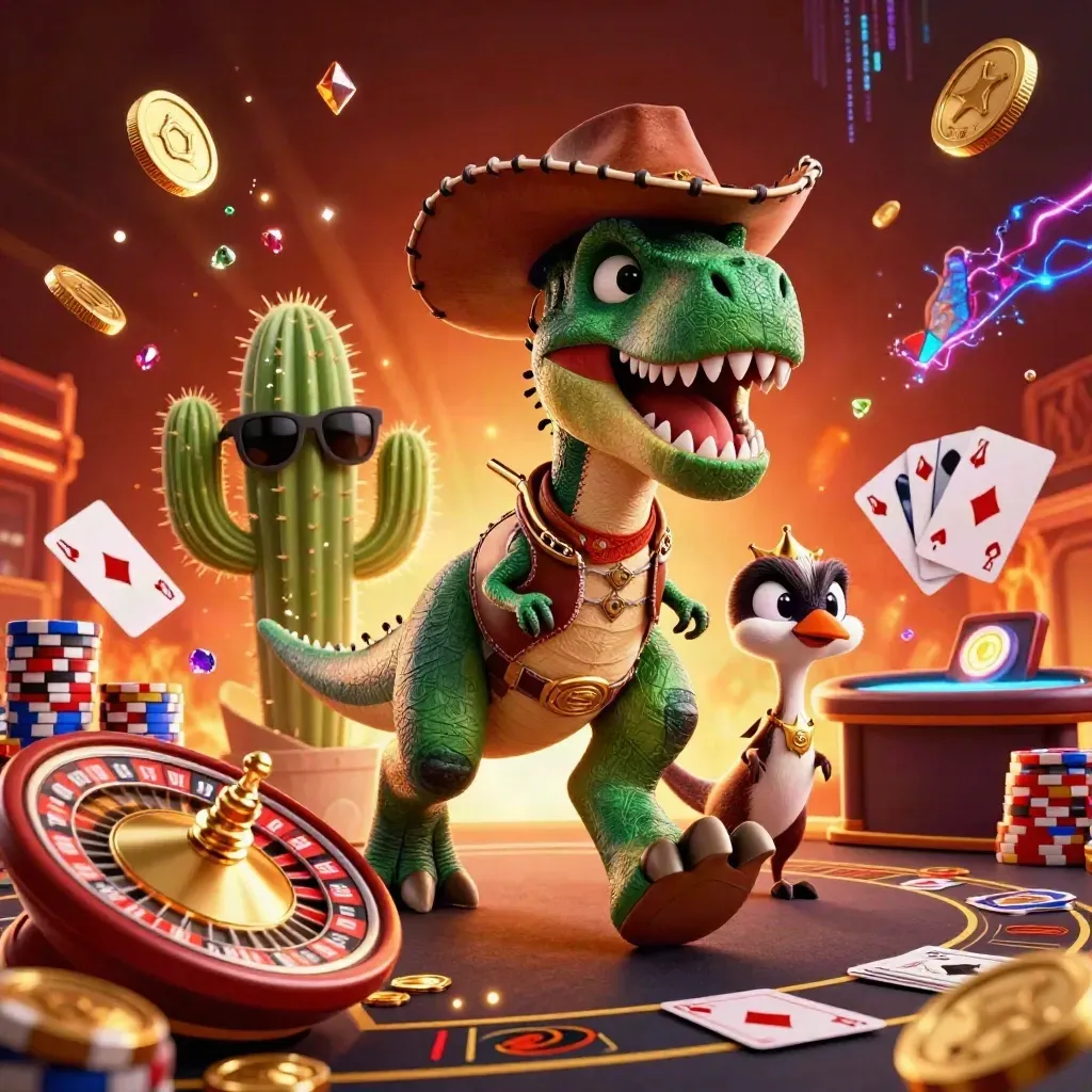 Cowboy T-Rex, cactus, and roadrunner in a blazing casino scene with coins, roulette, and chips.