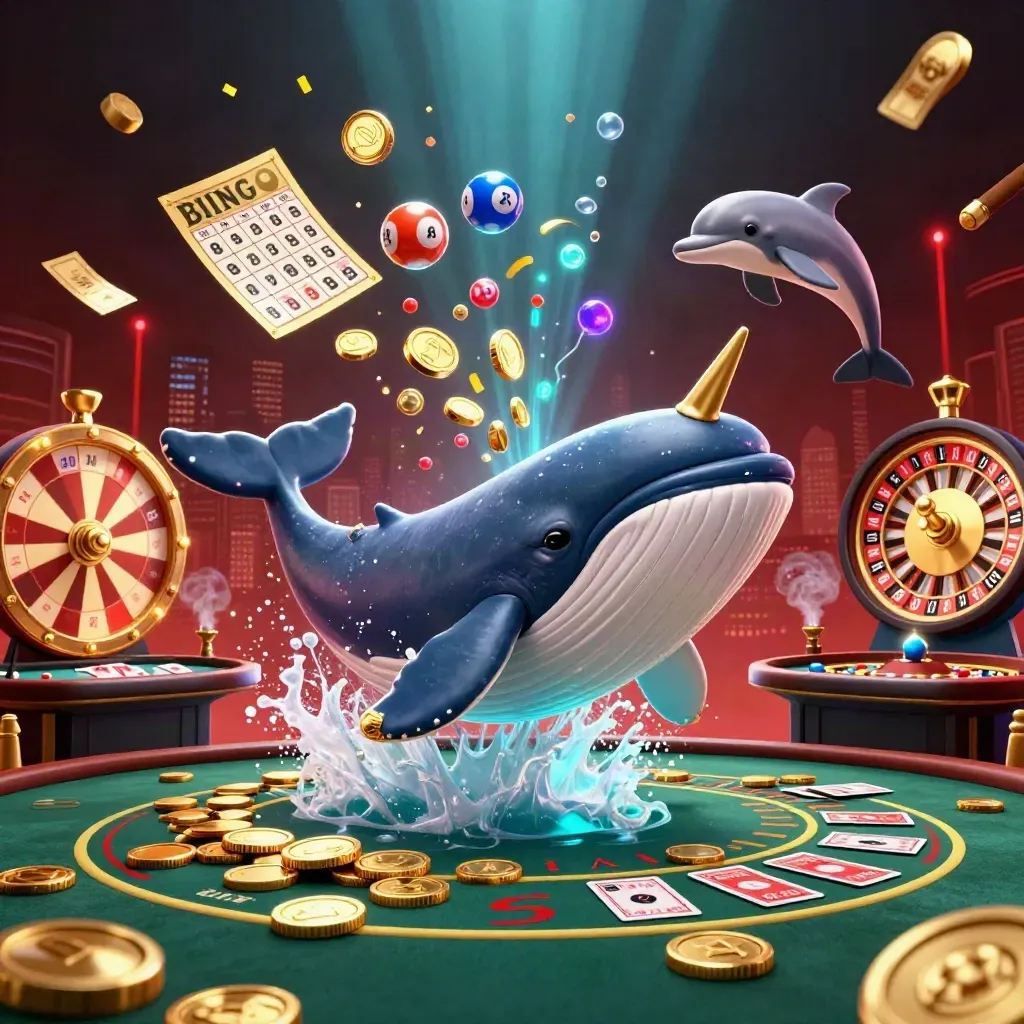 Whale, narwhal, and dolphins amid casino props, coins, glow, and skyline lights