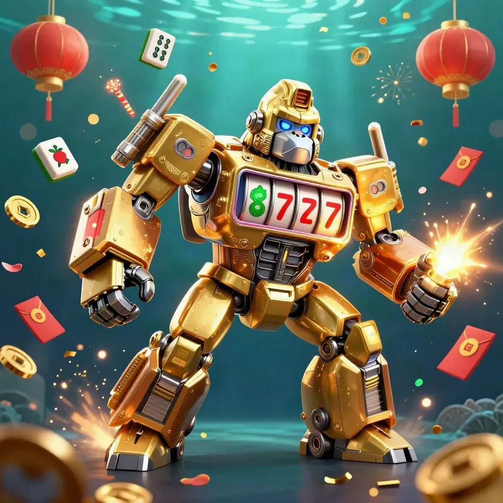 Golden gorilla mech with tiny monkey pilot, bursting reels, lanterns, coins, and neon treasure