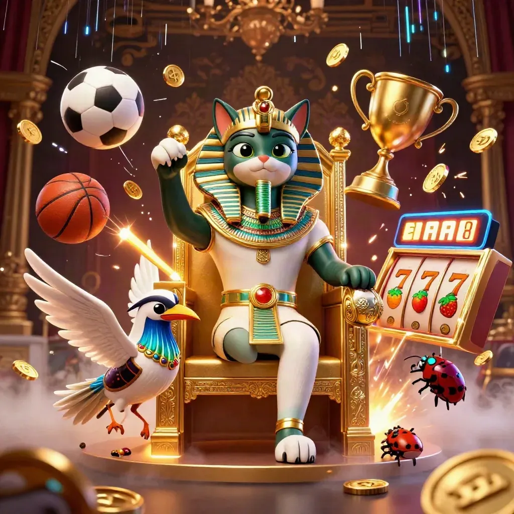 Pharaoh cat on a golden throne with ibis scribe, gem-wing scarabs, sports balls, coins and neon casino effects.