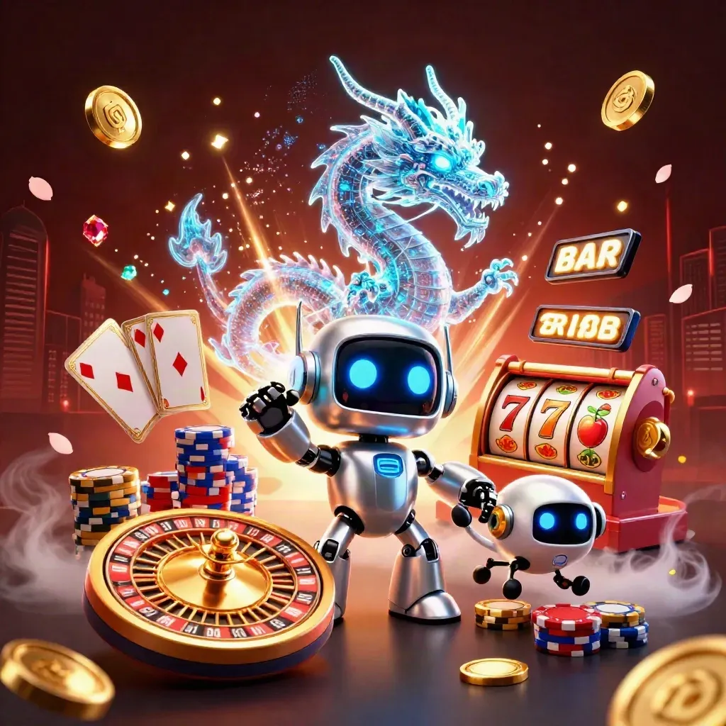 Cyberpunk robot, hologram dragon, drone, coins, gems, chips, roulette wheel, and mystical neon casino energy.