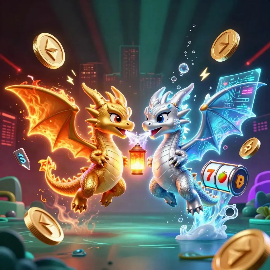 Twin gold and silver dragons spiral with crypto coins, neon effects, and casino symbols.
