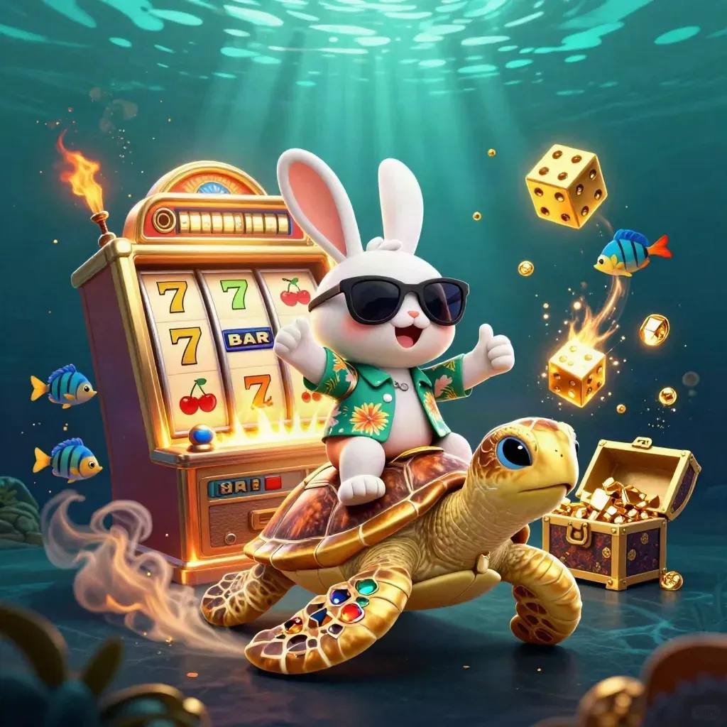 Lucky rabbit rides a gold sea turtle underwater, with slot loot, gems, and casino bursts