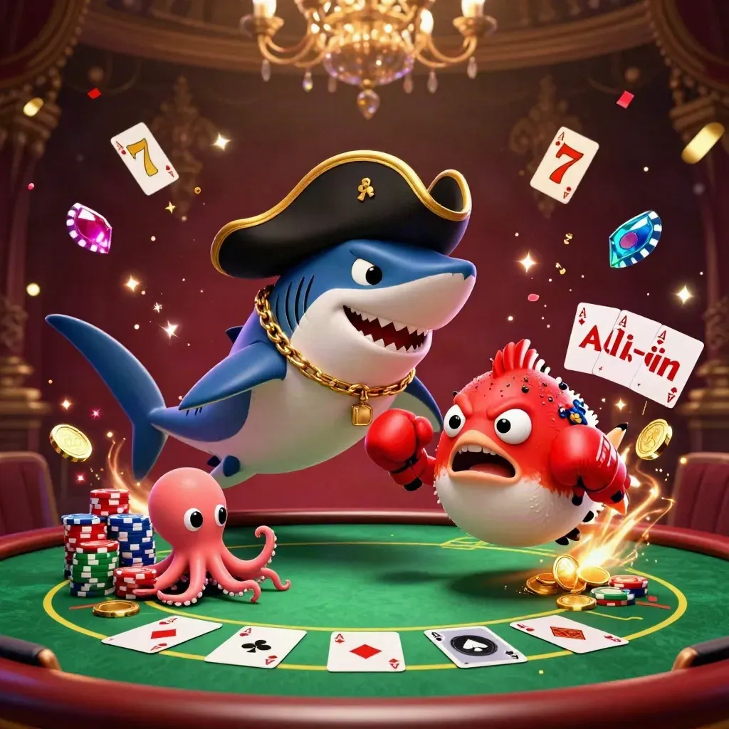 Pirate shark, boxing pufferfish and juggling octopus amid poker chips and gold casino sparks.