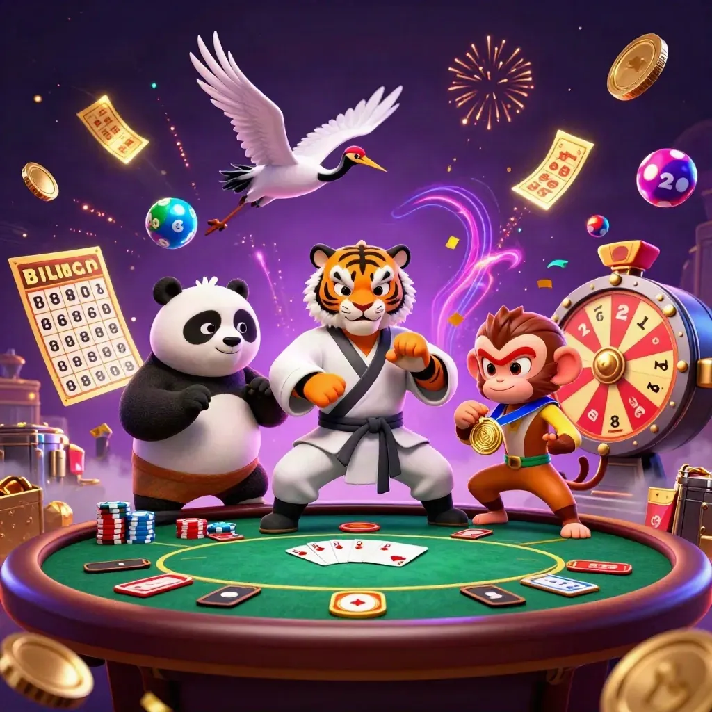 Kung-fu tiger, panda, and monkey amid casino treasures, poker chips, fireworks, and glowing gold.
