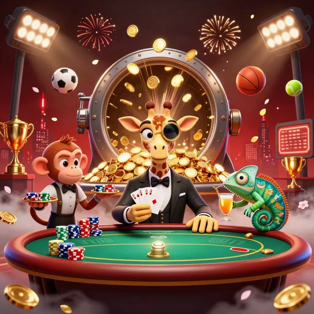 Giraffe, monkey valet, and chameleon bartender amid gold coins, fireworks, and poker chips.