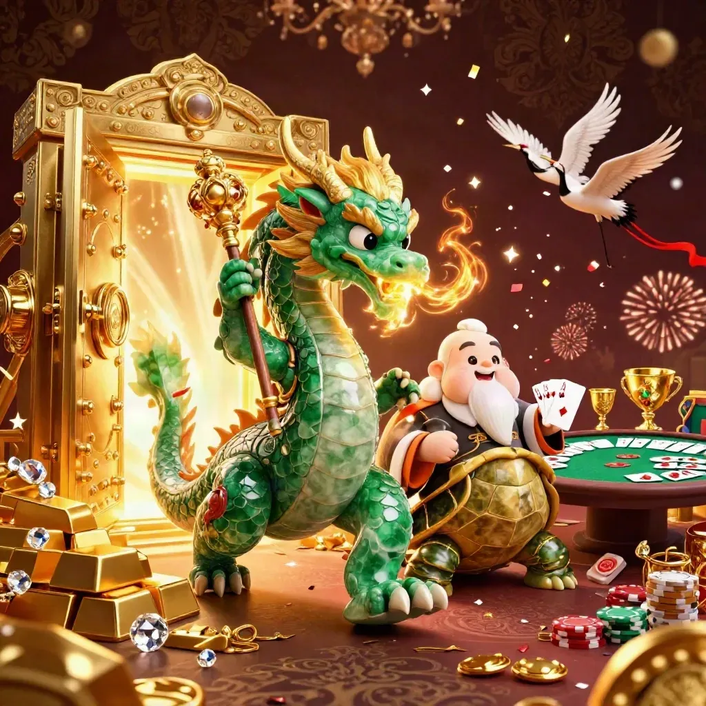 Emerald dragon, sage turtle, and cranes burst from treasure with poker chips and gold.