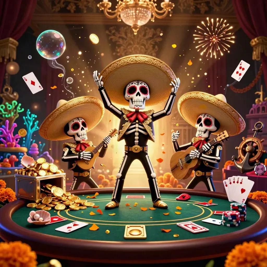 Skeleton mariachi trio amid coins, cards, coral, and poker chips in a luxe casino treasure burst.