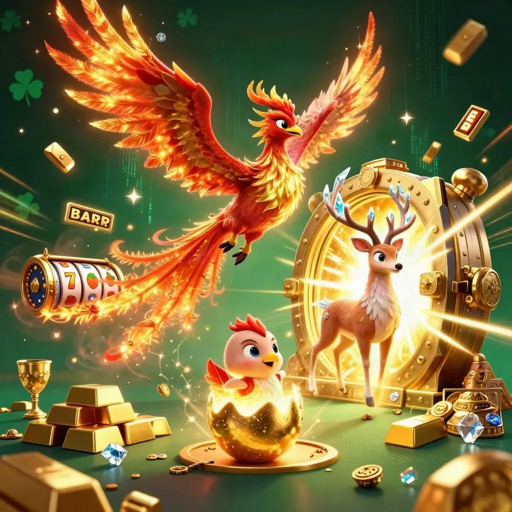 Phoenix, baby phoenix, and crystal stag bursting from a golden vault in casino glow.