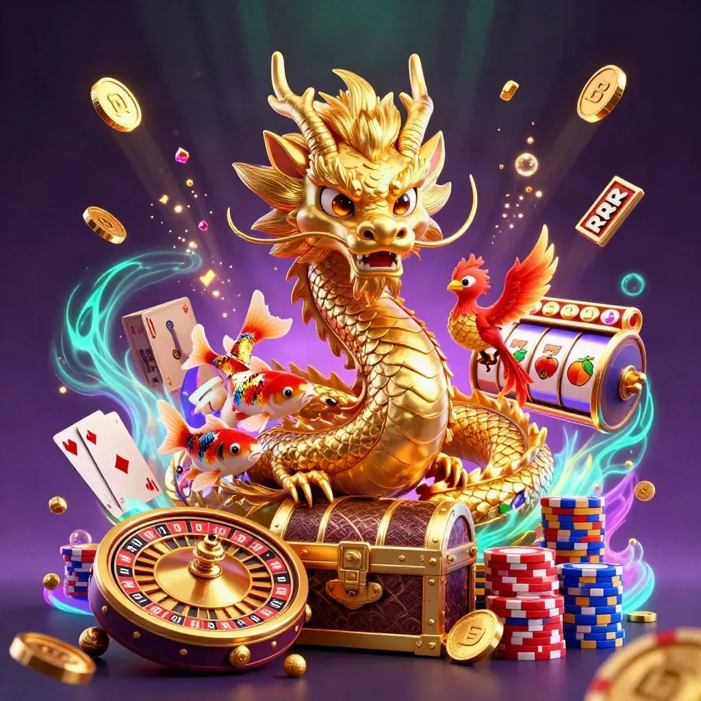 Golden dragon, phoenix, koi, poker chips, cards, and casino reels in a dramatic neon fantasy scene