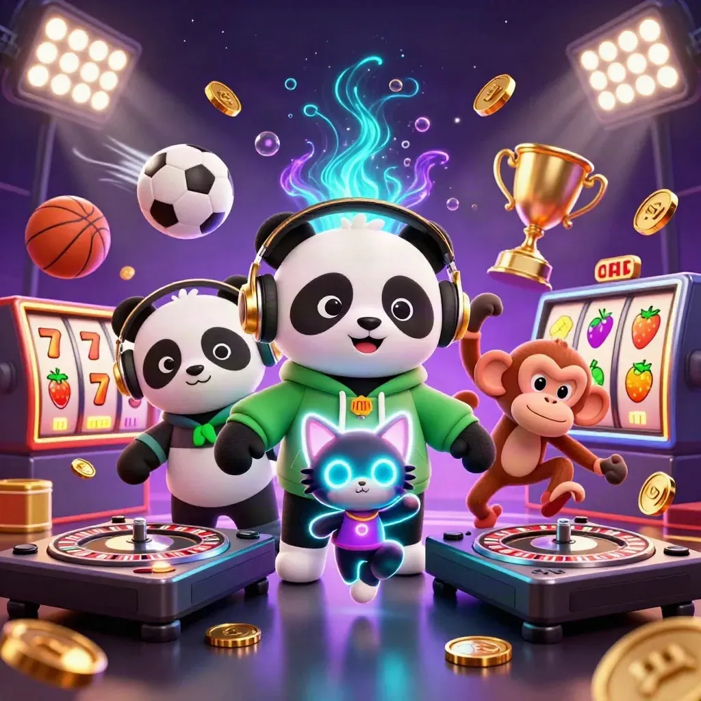 DJ panda, breakdancing monkey, and rave kitten in neon casino action with roulette wheels, coins, and trophies