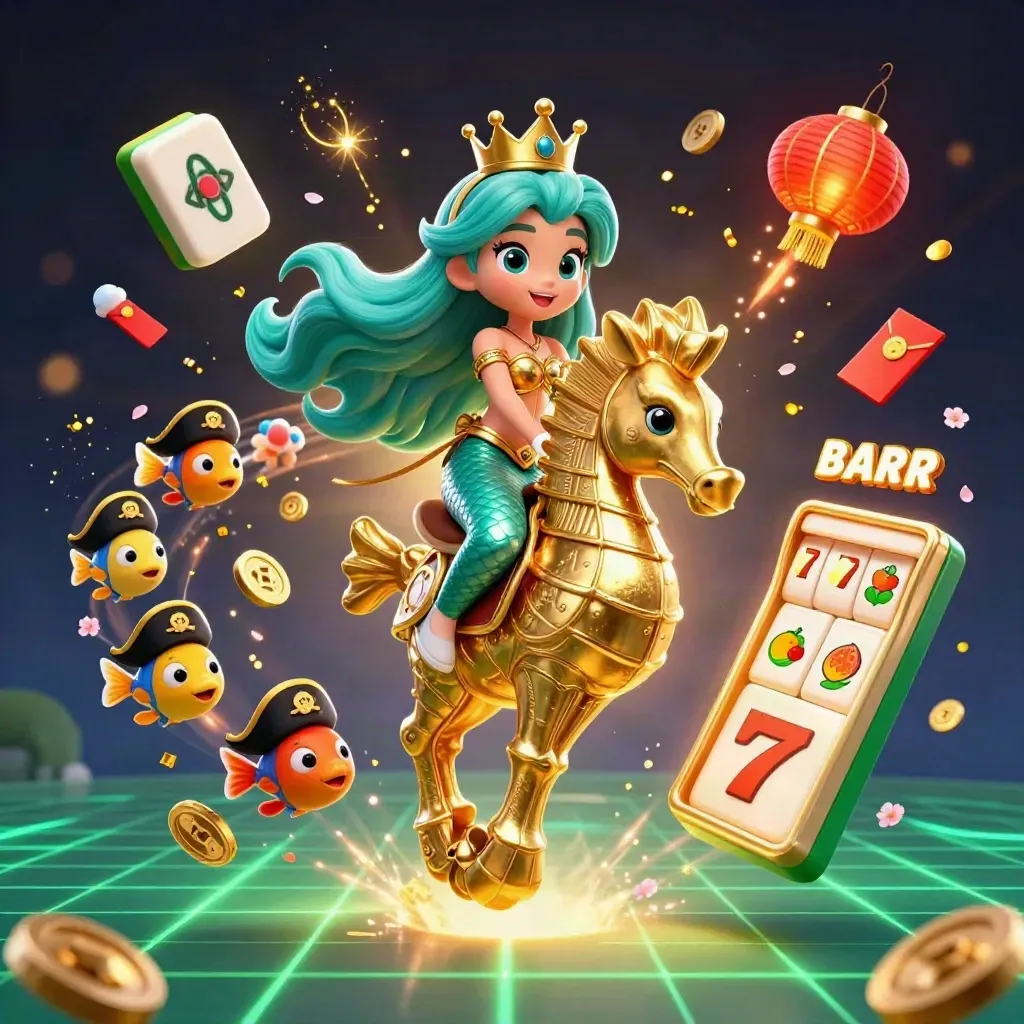 Mermaid princess on armored seahorse amid casino symbols, lanterns, coins, and glowing reels.