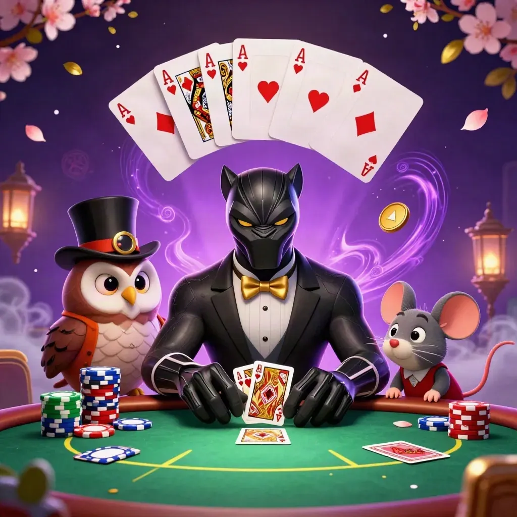 Panther, owl, and mouse in casino poker key art with glowing chips and cards