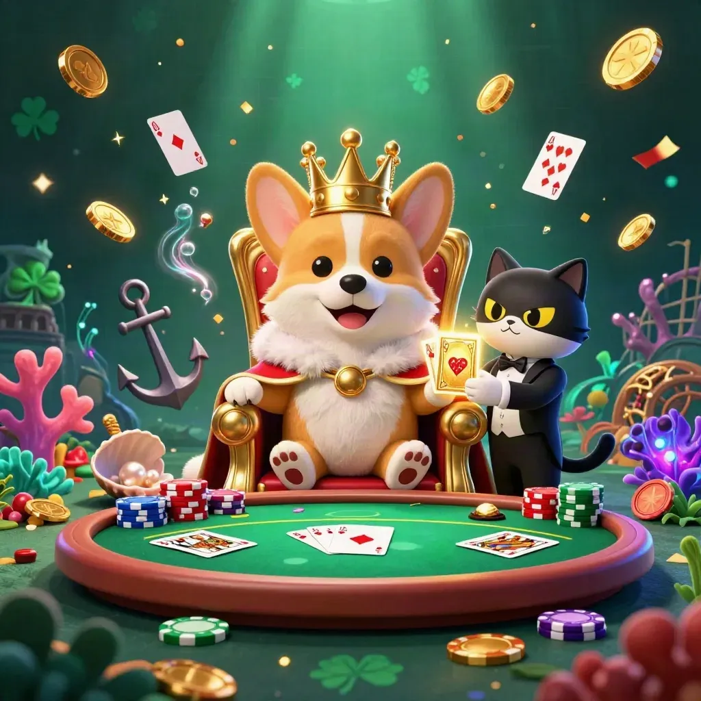 Royal corgi and cat butler amid poker chips, gold, coral, cards, and neon casino magic
