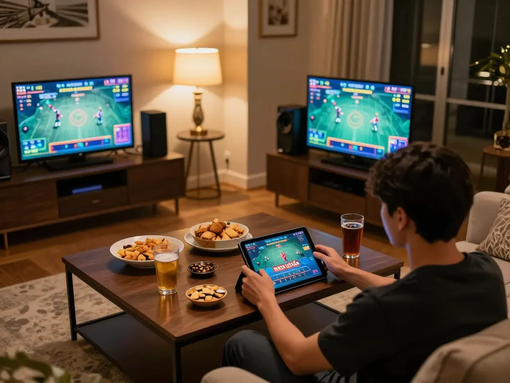 Xóc đĩa gameplay on tablet in a cozy living room with inviting snacks and drinks.